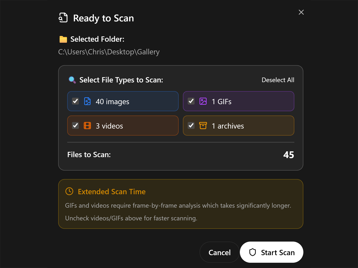 Selecting a folder and file types, then starting a scan in the SiftPics app