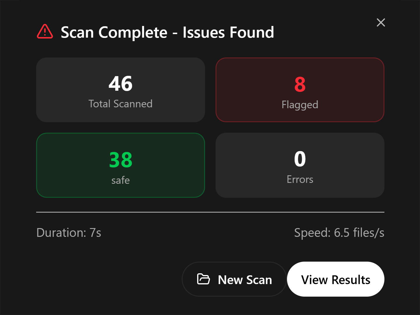 Scan complete summary showing flagged and safe files in the SiftPics app